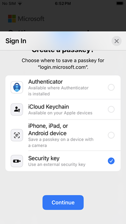 Screenshot of selecting to use a security key with iOS.