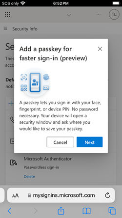 Screenshot of starting passkey registration.