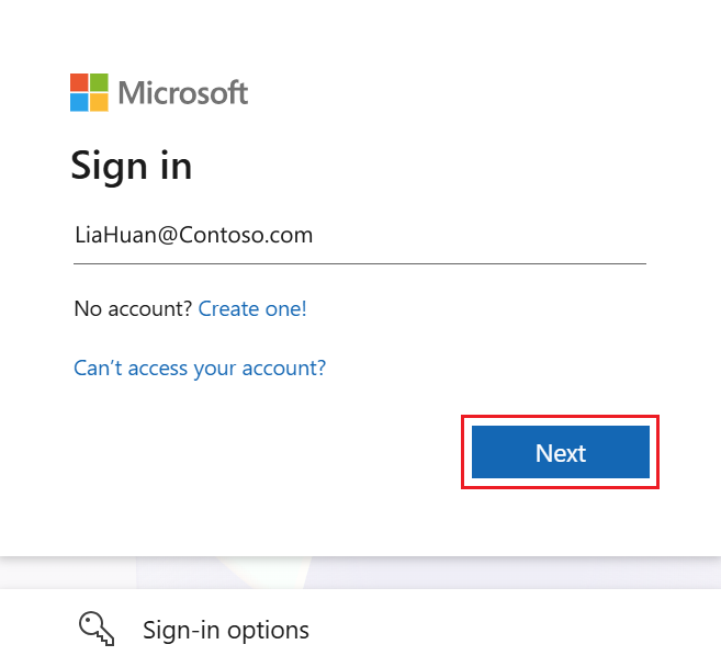 Screenshot that shows the Sign in page with a username and the Next button.