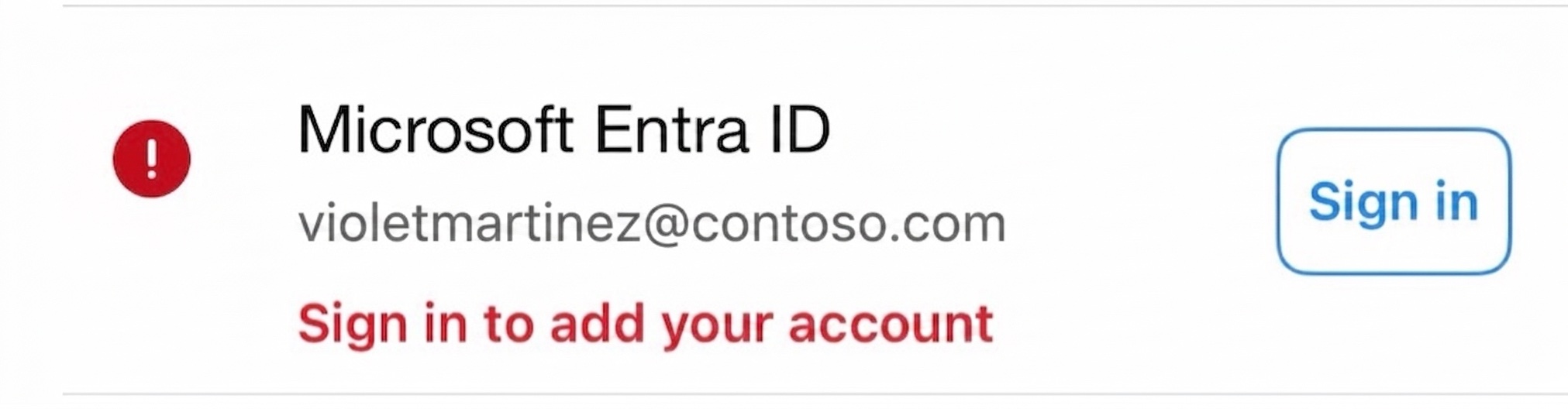 Screenshot of a restored work account in Microsoft Authenticator showing the Sign in to add your account message.