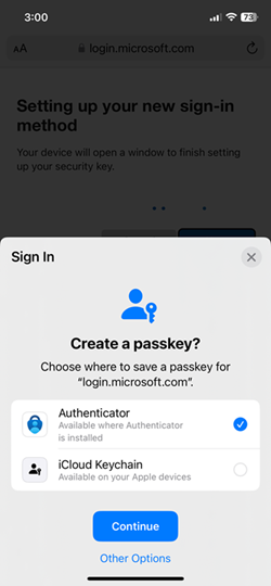 Screenshot of the save passkey option in Microsoft Authenticator for iOS devices.