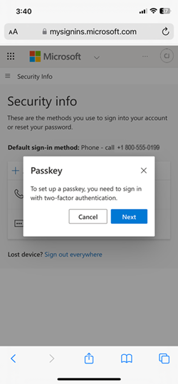 Screenshot of the two-factor authentication requirement to set up a passkey.