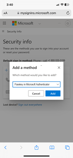 Screenshot of the Security Info screen Add Sign-in Method option.