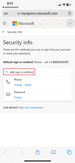 Screenshot of the Security Info screen in Microsoft Authenticator for iOS devices.