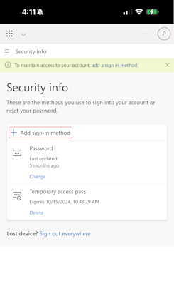 Screenshot of the Security Info screen in Microsoft Authenticator for iOS devices.