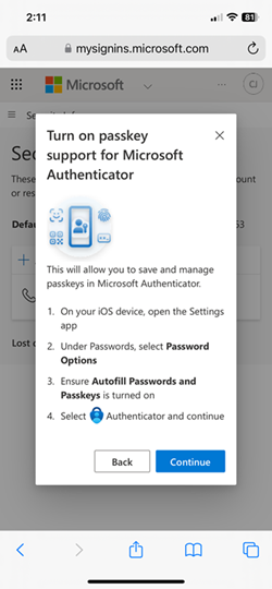 Screenshot of the turn-on passkey support option in Microsoft Authenticator for iOS devices.