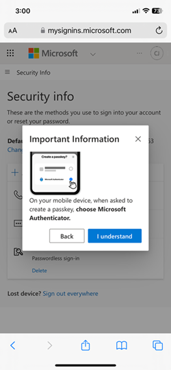 Screenshot of the I understand option in Microsoft Authenticator for iOS devices.