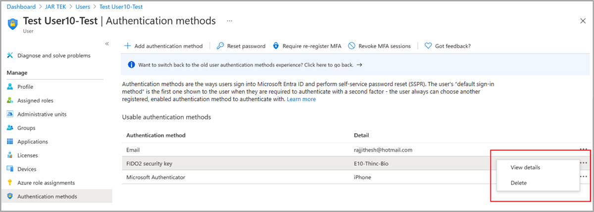 Screenshot of View Authentication Method details.
