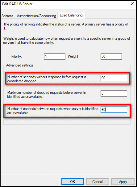 Edit Radius Server timeout settings on the load balancing tab