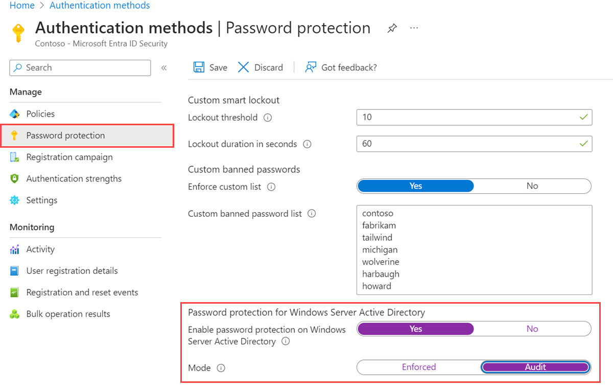 Enable on-premises password protection under Authentication Methods in the Microsoft Entra admin center