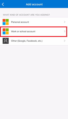 Screenshot of choosing Work or School Account using Microsoft Authenticator for iOS devices.