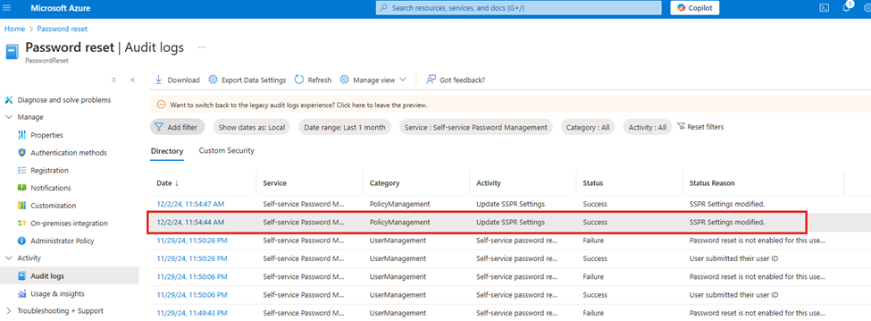 Reporting on SSPR using the audit logs in Microsoft Entra ID