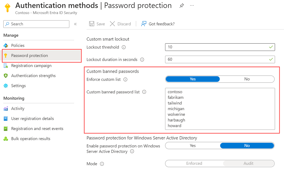 Modify the custom banned password list under Authentication methods
