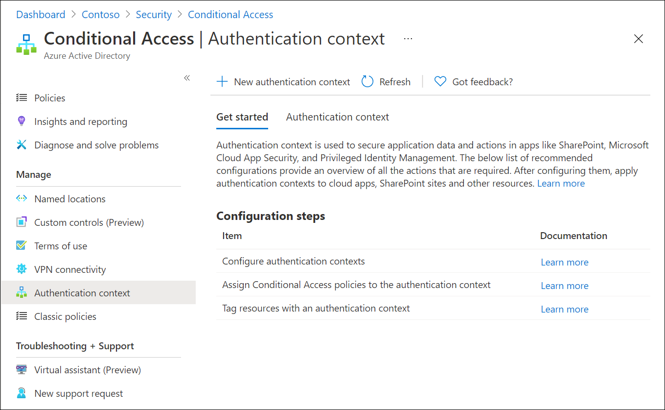 Screenshot showing the management of authentication contexts.