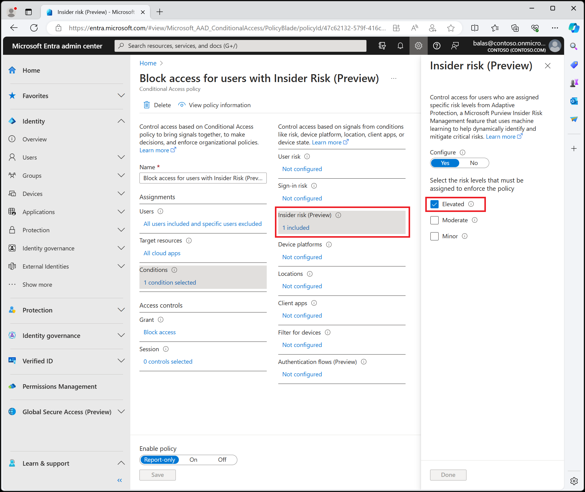 Screenshot of an example Conditional Access policy using insider risk as a condition.