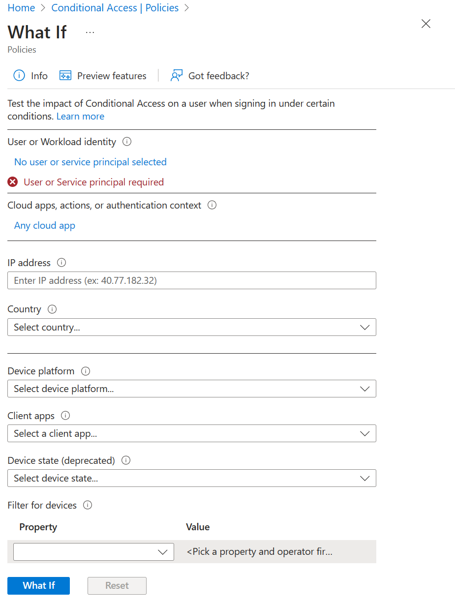Conditional Access What If tool at default state