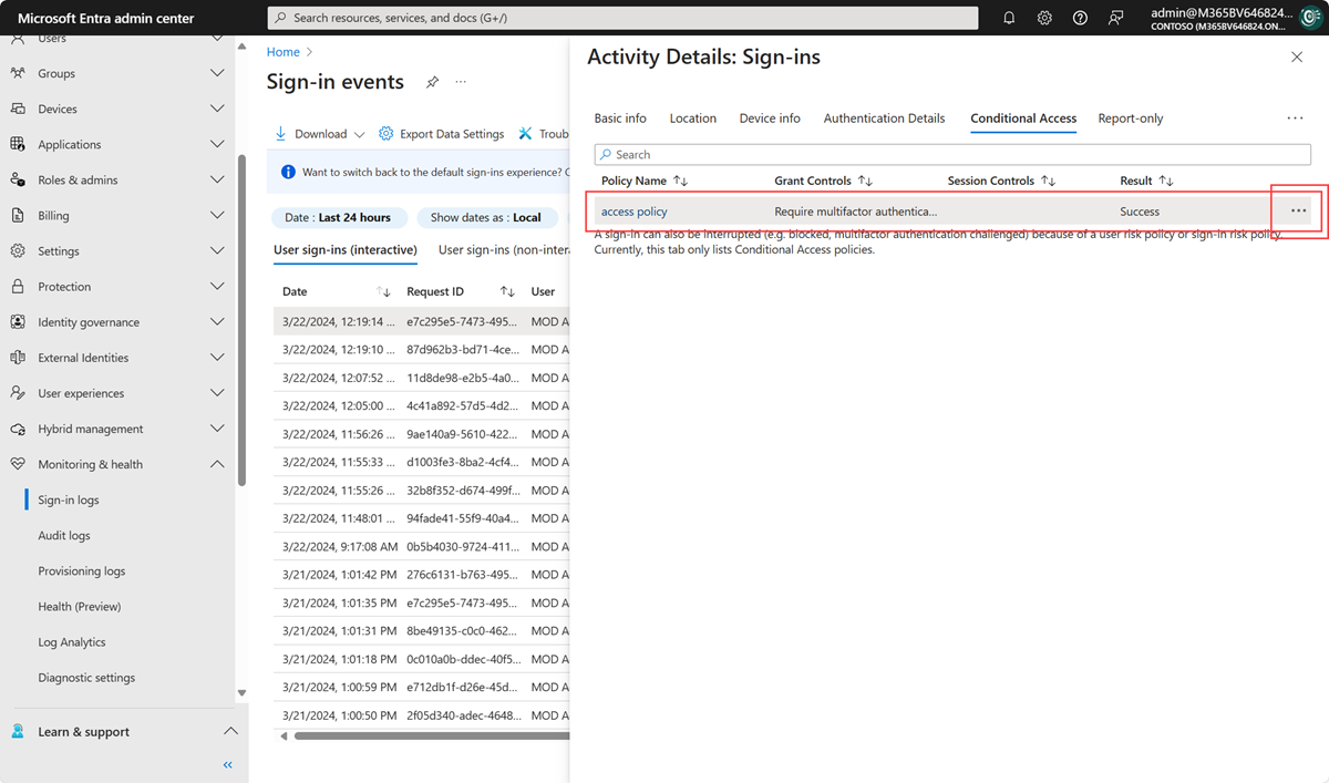 Screenshot showing Conditional Access Policy details to see why policy applied or not.
