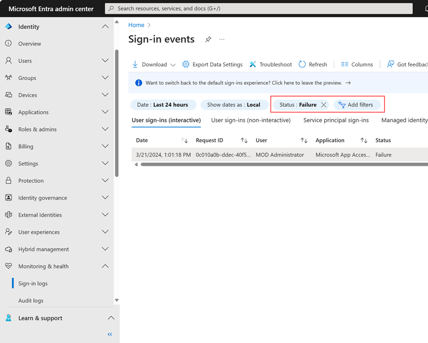 Screenshot showing selecting the Conditional Access filter in the sign-in log.