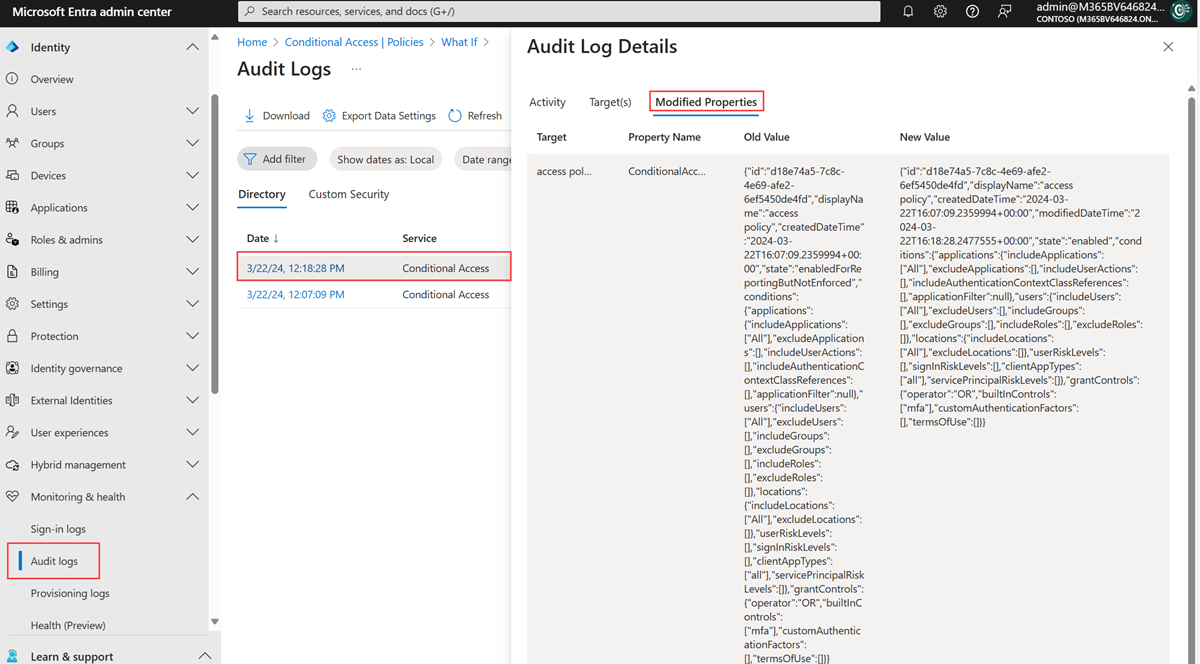 Audit log entry showing old and new JSON values for Conditional Access policy