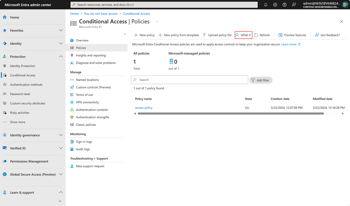 Screenshot of the Conditional Access Policies page. In the toolbar, the What if item is highlighted.