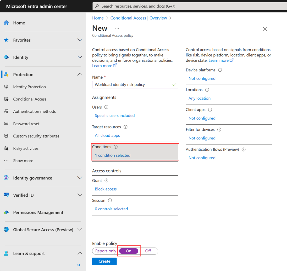 Creating a Conditional Access policy with a workload identity and risk as a condition.