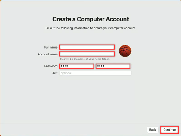 Screenshot of the window used to create a computer account, where the user enters their name, account name and local password.