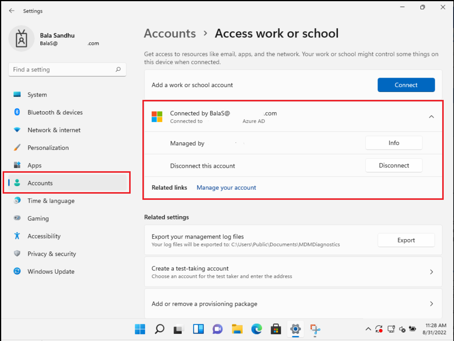 Screenshot of Windows 11 Settings app showing current connection to Azure AD.