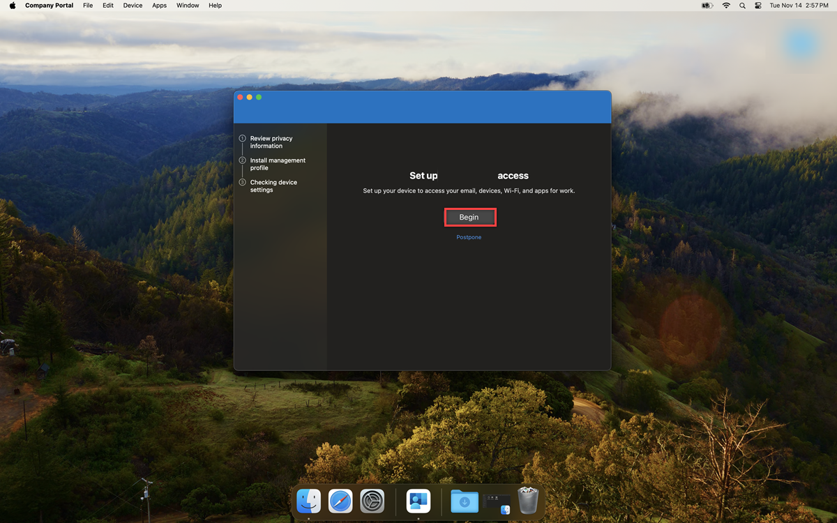 Screenshot of the Company portal access setup window.