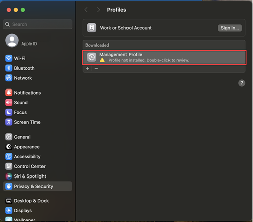 Screenshot of the Settings app Profiles showing a downloaded management profile.