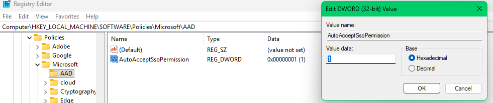 The image displays the registry editor on windows. The first line shows the path of "Computer\HKEY_LOCAL_MACHIEN\SOFTWARE\Policies\Microsoft\AAD. Below that, there is a tree view and a content pane to the right. The treeview shows "Policies", with children of "Adobe", "Google", "Microsoft", and "Microsoft has a child value of "AAD". To the right, we see the registry key that is being created. The name is "AutoAcceptSsoPermission", and to the right a pop up is displayed for creating/editing a new value with ValueName of AutoAcceptSsoPermission, ValueData as 1, and Base has a value of "Hexadecimal".