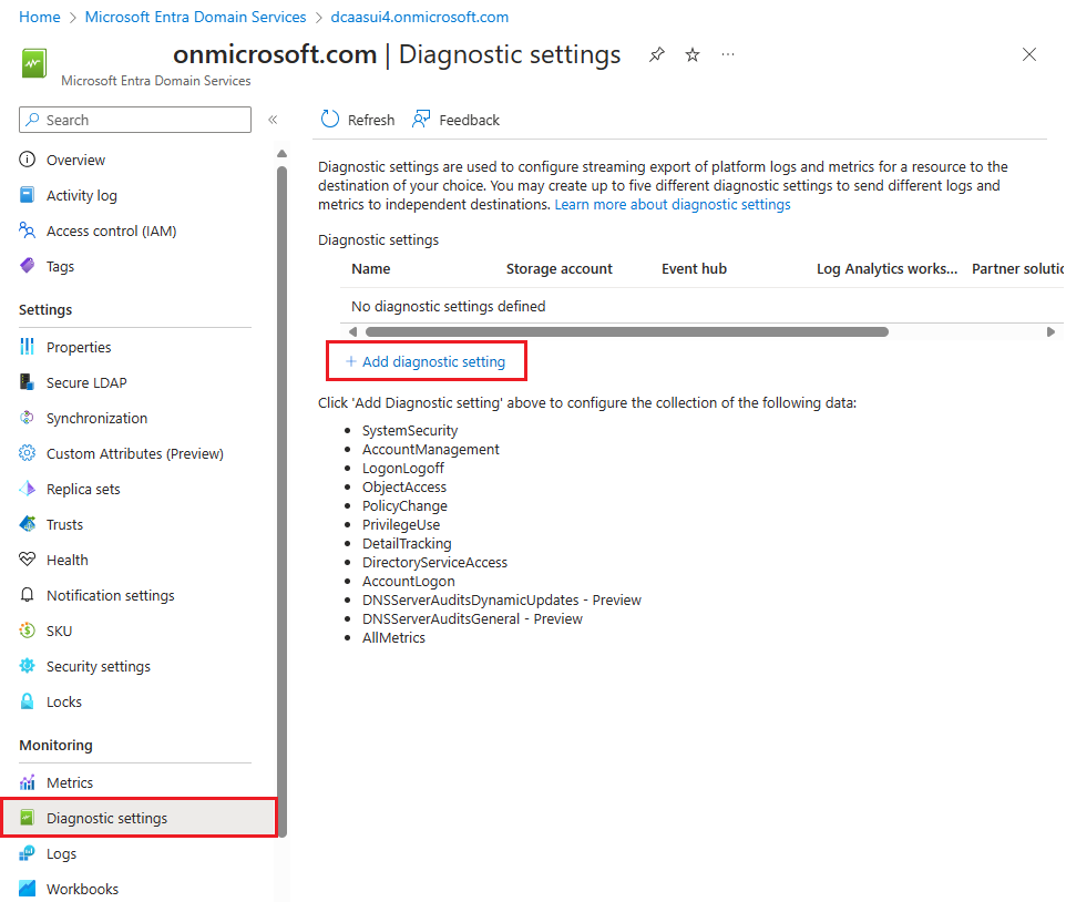 Add a diagnostic setting for Microsoft Entra Domain Services