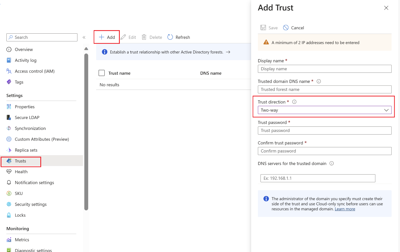 Screenshot of how to create outbound forest trust in the Microsoft Entra admin center.