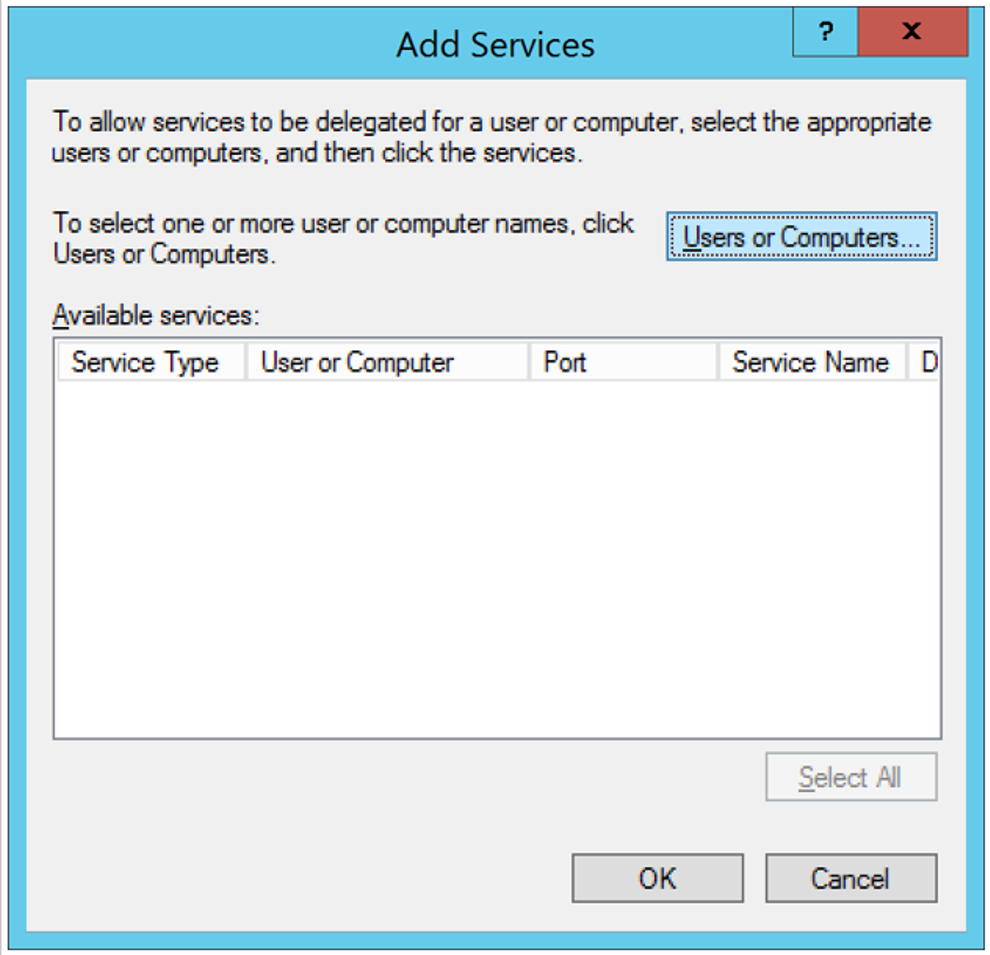 Screenshot shows the add services window.