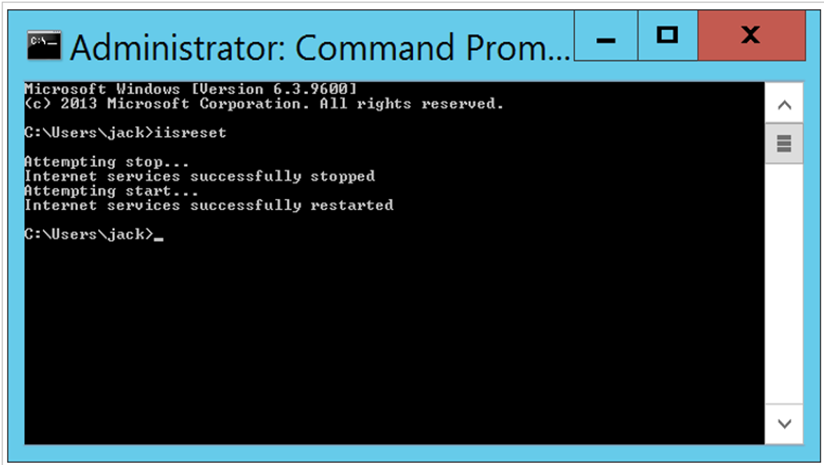 Screenshot shows the iis reset command.