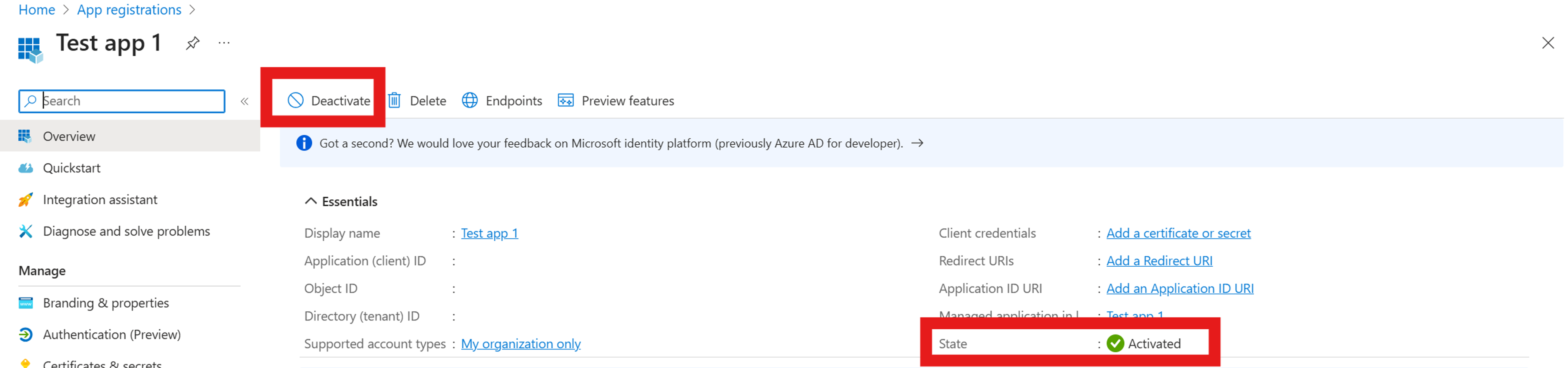 Screenshot of Deactivate app registration pane in Microsoft Entra admin center.