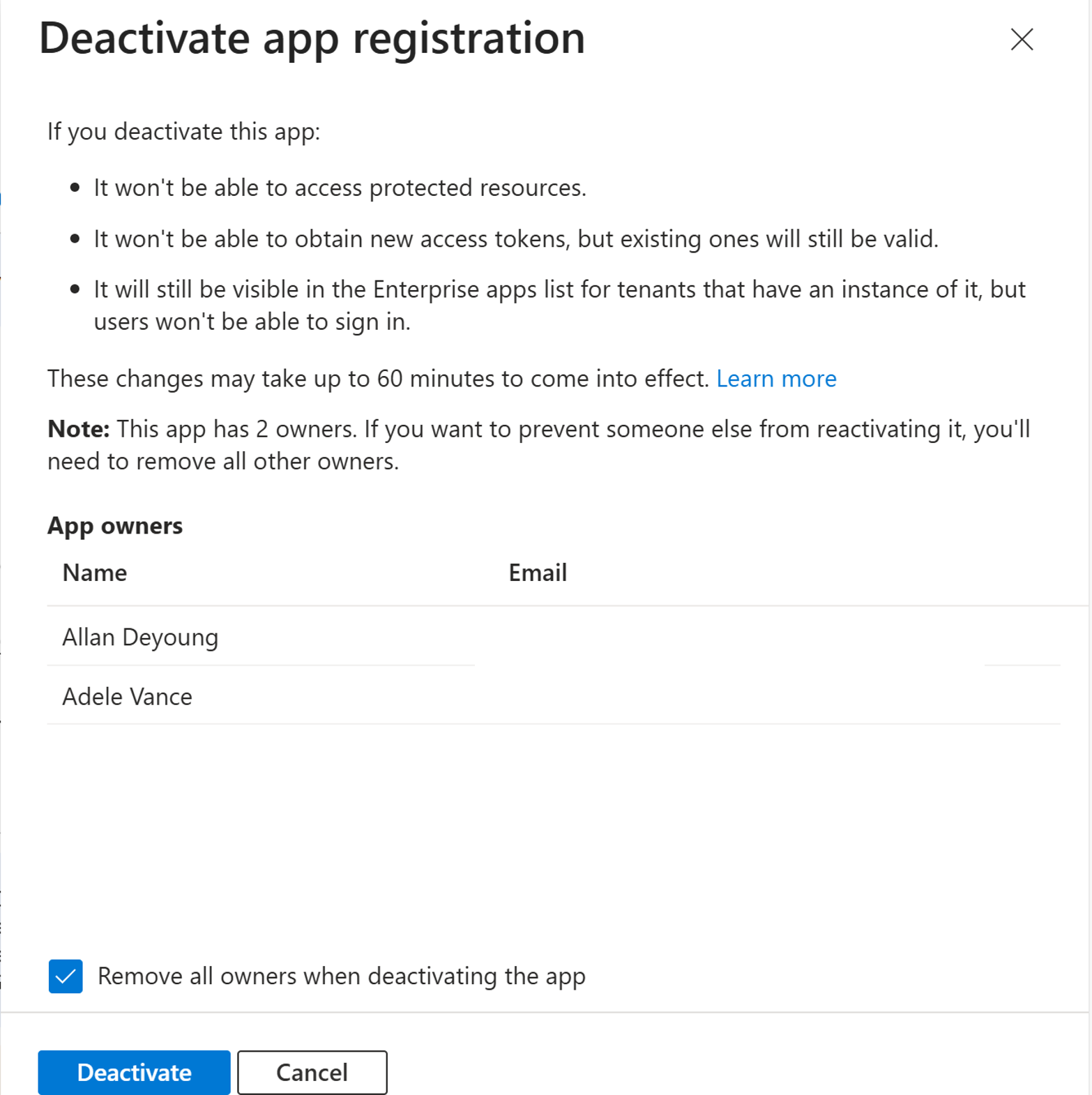 Screenshot showing the option to remove app owners before deactivating an app registration to prevent unauthorized reactivation.