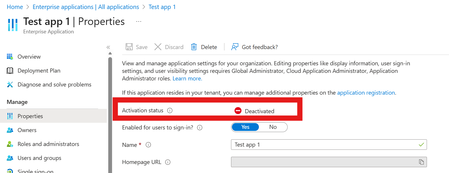 Screenshot showing the Activation status field in the Enterprise app Properties page displaying whether an application is active or deactivated.