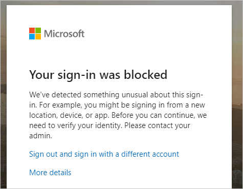 Screenshot that shows a blocked sign-in to the portal.