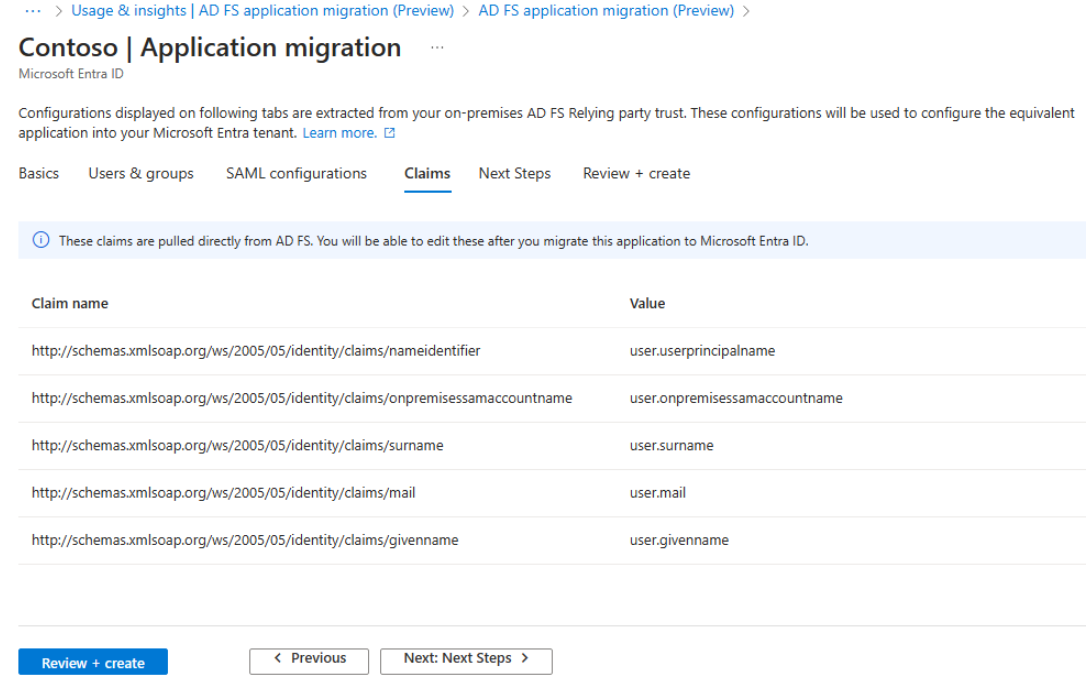 Screenshot of the AD FS application migration claims configurations tab.
