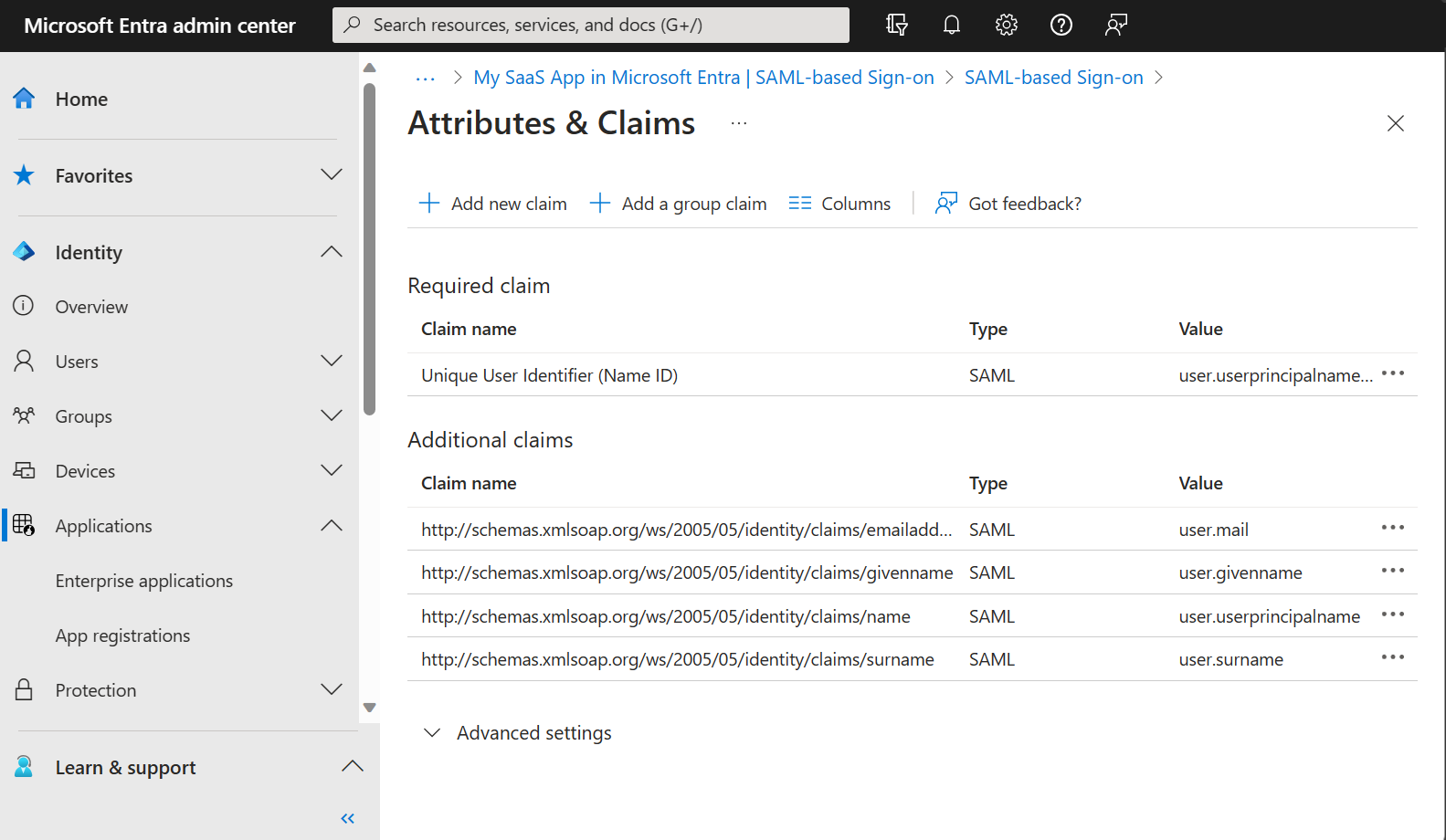 Screenshot shows the page to edit User Attributes and Claims.