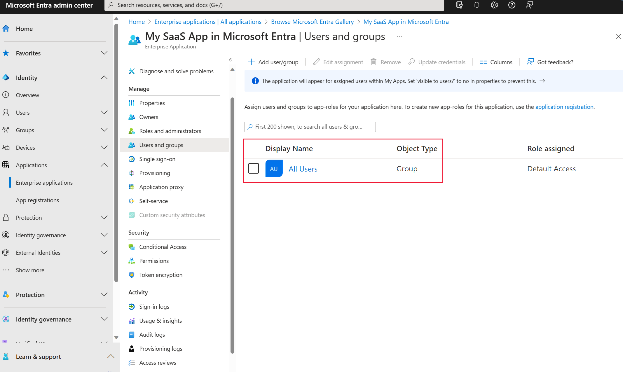 Screenshot shows My SaaS Apps in Microsoft Entra ID.