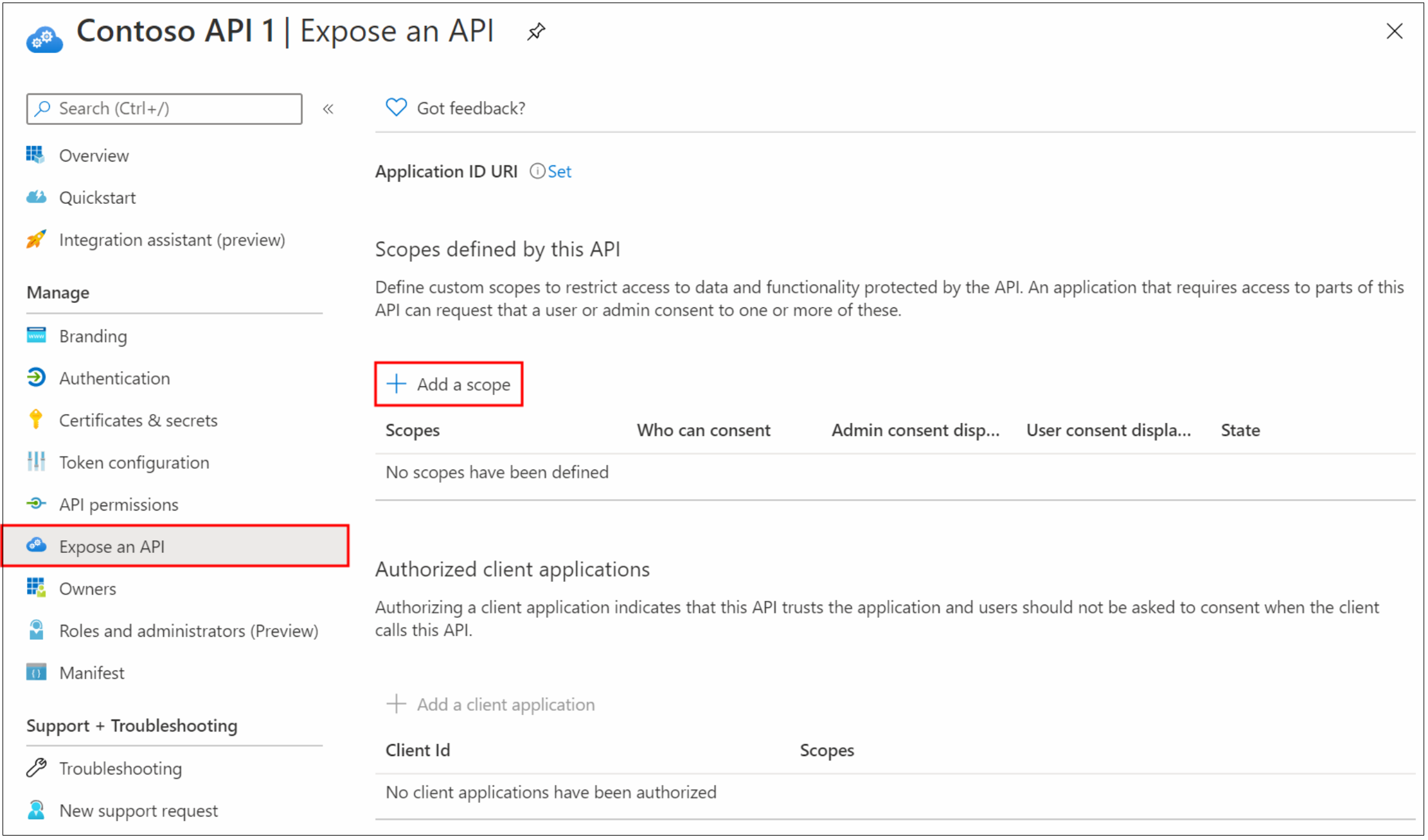 Screenshot of the Add a scope option on Expose and API.