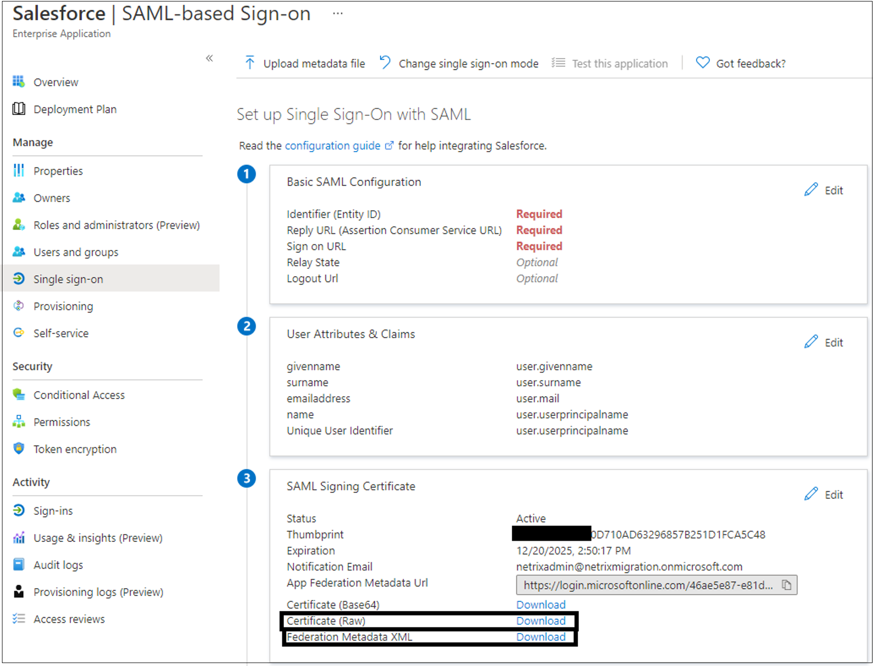 Screenshot of Certificate (Raw) and Federation Metadata XML entries under SAML Signing Certificate.