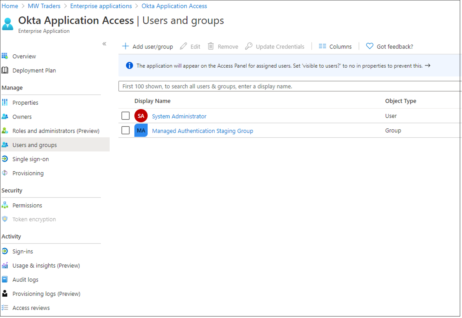 Screenshot of the Users and groups page of the Microsoft Entra admin center. A group called Managed Authentication Staging Group appears.