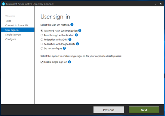 Screenshot of the Microsoft Entra Connect app with settings for user sign-in.