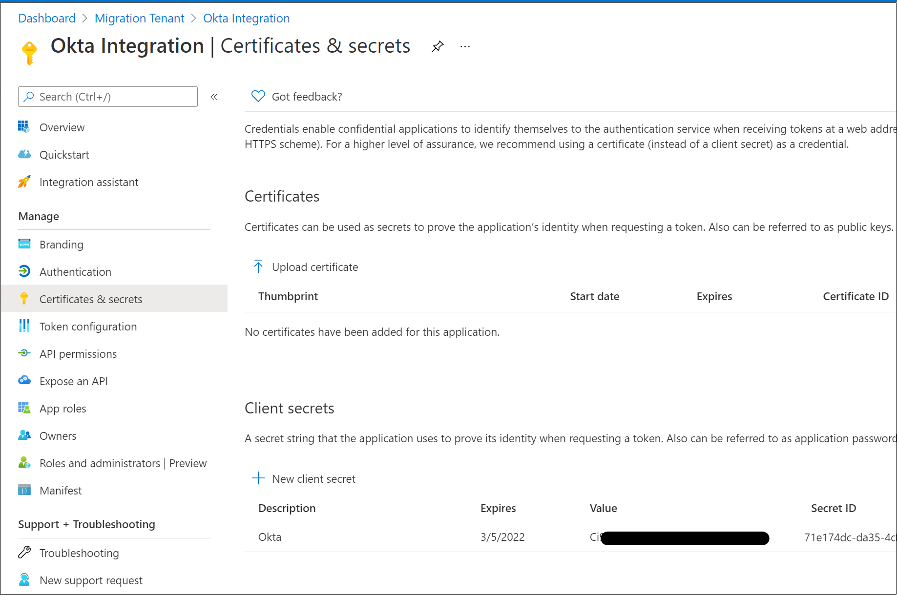 Screenshot of the Certificates and secrets page. The value and I D of the secret appear.