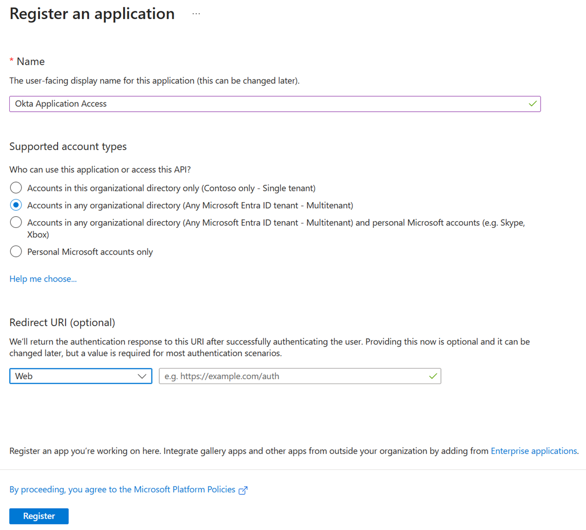 Screenshot of Register an application.