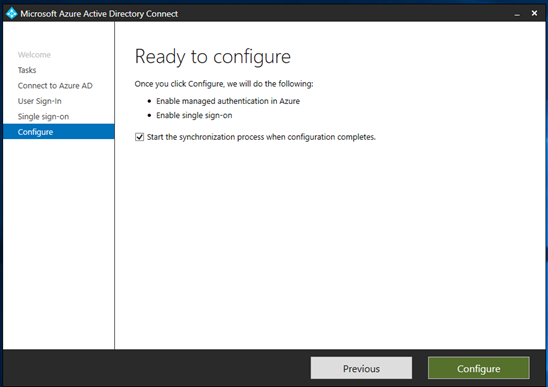 Screenshot of the Ready to configure page of the Microsoft Entra Connect app.