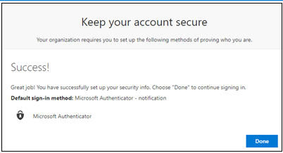 Screenshot of the Keep you account secure dialog with the success message.