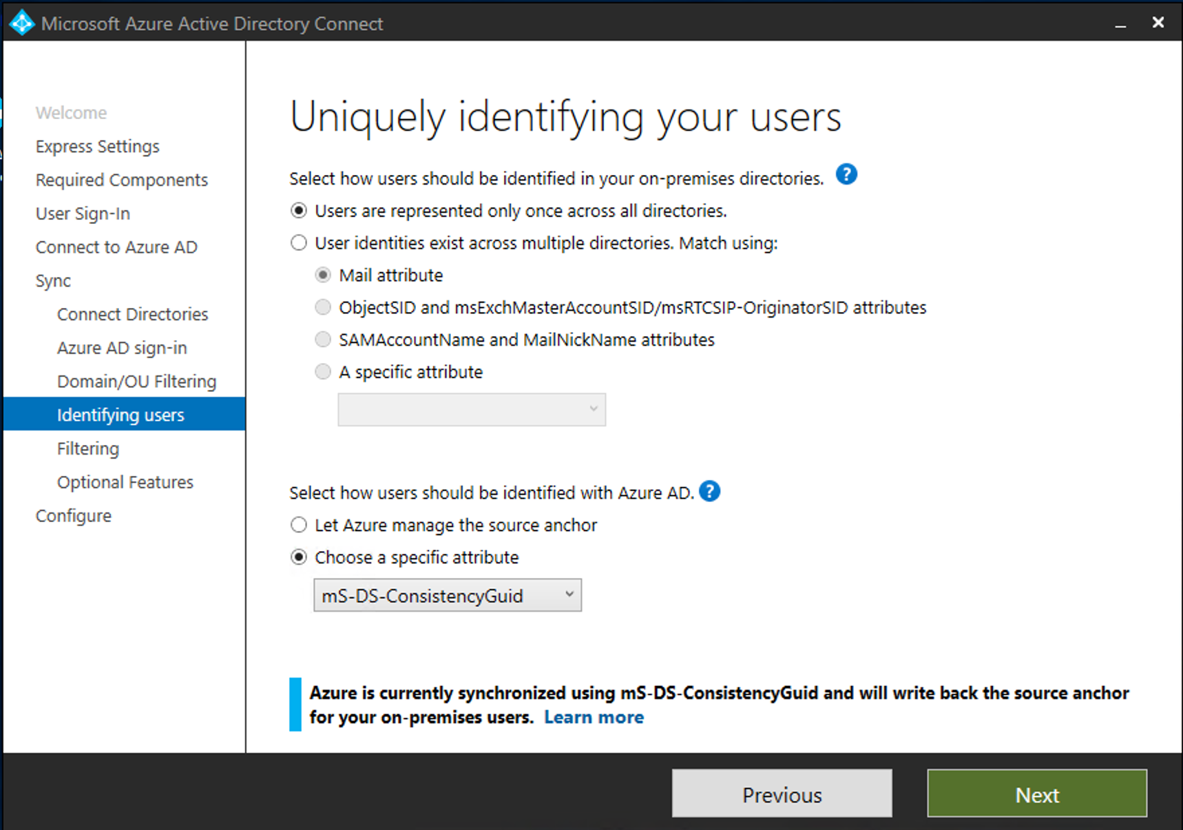 Screenshot of the Microsoft Entra Connect window. The page is titled Uniquely identifying your users, and the mS-DS-ConsistencyGuid attribute is selected.